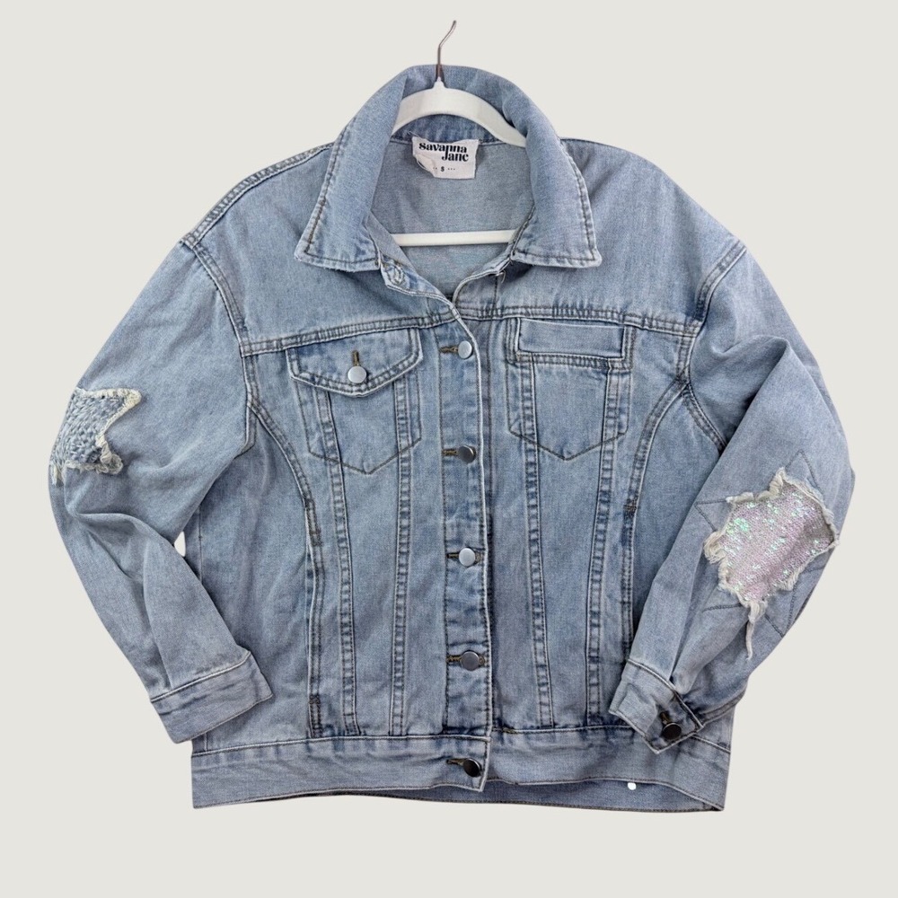Savanna Jane Denim Jacket Women Small Light Wash Good Sequin Star Distressed